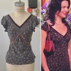 Y2k vintage silk floral ribbon top with velvet trim ASO Gilmore Girls (Alt. Ver)